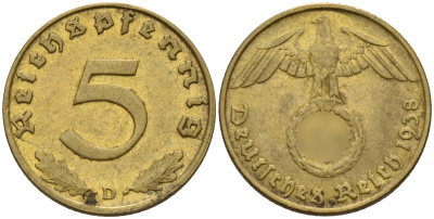 Германия 5 рейхспфеннигов 1938 D KM 91, J. 363 алюминиевая бронза 4151-844