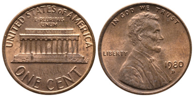 США 1 цент 1980 D, Авраам Линкольн KM 201 медь цинк 4364-915