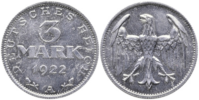 ГЕРМАНИЯ 3 МАРКИ 1922 А KM 28, J. 302 алюминий 38-236