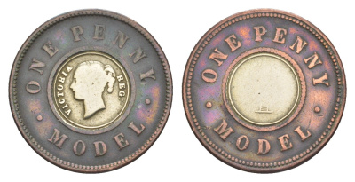 Великобритания 1 пенни ND (1844) модель монеты Виктории в 1 пенни, Джозеф Мур X 9 биметалл 1522-635