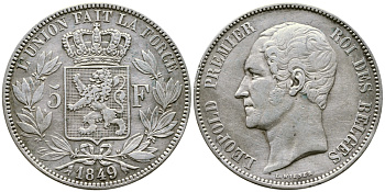 Бельгия 5 франков 1849 Леопольд I (1831-1865) KM 17 серебро 74-1122