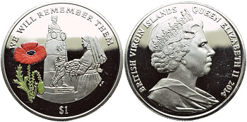 Британские Виргинские острова 1 доллар 2014 в память героев первой мировой войны, памятник, красный мак KM NEW медно-никель, эмаль  PROOF  1071-4-23