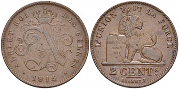 БЕЛЬГИЯ 2 САНТИМА 1914 BELGES KM 64 медь 110-214