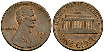 США 1 цент 1986 D, Линкольн KM 201b цинк плакированный медью 4136-268