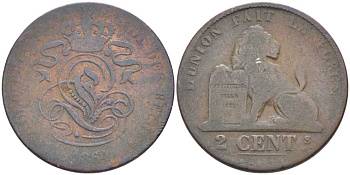 БЕЛЬГИЯ 2 САНТИМА 1864/1 BELGES, ЛЕОПОЛЬД I (1831-1865) KM 4.2 медь 119-317