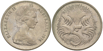 Австралия 5 центов 1976 королева Елизавета II (1952-2022), ехидна KM 64 медно-никель UNC 4564-1157
