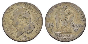 Франция 15 солей 1792 W, Людовик XVI (1774-1792) KM 604.14 серебро 443-1623