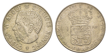 Швеция 1 крона 1963 U, Густав VI Адольф (1950-1973) KM 826 серебро 4650-253