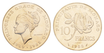 Монако 10 франков 1982 Смерть принцессы Грейс, Essai - Пробник, в запайке KM E72 медь алюминий никель BU 1531-1132
