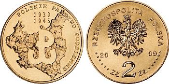 Польша 2 злотых 2009 MW, 70-я годовщина создания польского подпольного государства KM 707 нордик UNC 4676-616