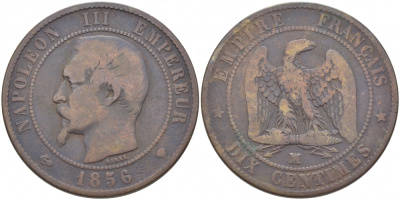 Франция 10 сантимов 1856 MA, Наполеон III (1852-1870) KM 771.6, Le Franc 133.27 бронза 3460-926