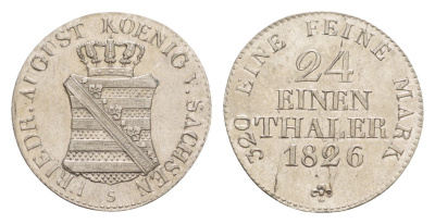 Саксония 1/24 талера 1826 S, Фридрих Август I (1806-1827) KM 1094, AKS 44 серебро aUNC 603-1413