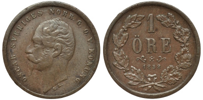 Швеция 1 эре 1858 L.A., Оскар I (1844-1859) KM 687 бронза 26-1136