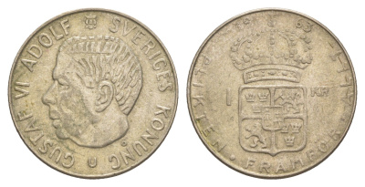 Швеция 1 крона 1963 U, Густав VI Адольф (1950-1973) KM 826 серебро 4650-253