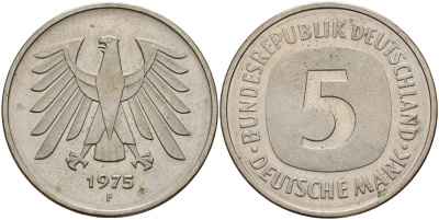 ФРГ 5 марок 1975 F, монетный двор Штутгарт КМ 140.1, J. 415 медно-никель плакированный никелем 4157-232