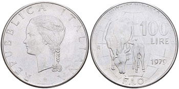 Италия 100 лир 1979 R, FAO, корова с теленком KM 106 нержавеющая сталь 4531-124