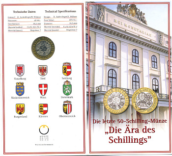 Австрия 50 шиллингов 2002 в оригинальном картонном буклете, эра шиллинга (1924-2002) биметалл UNC 7-4-2-36