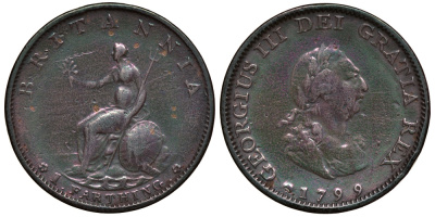 Великобритания 1 фартинг 1799 Георг III (1760-1820) KM 646, Spink 3779 медь 603-1333