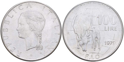 Италия 100 лир 1979 R, FAO, корова с теленком KM 106 нержавеющая сталь 4531-124