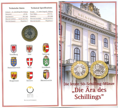 Австрия 50 шиллингов 2002 в оригинальном картонном буклете, эра шиллинга (1924-2002) биметалл UNC 7-4-2-36