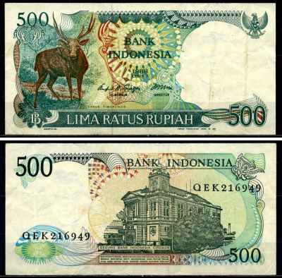Индонезия 500 рупий 1988 Тиморский олень Pick 123a бумага 6299-11-2-2