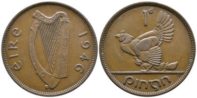 ИРЛАНДИЯ 1 ПЕННИ 1946 КУРИЦА С ЦЫПЛЯТАМИ KM 11 бронза 4110-316