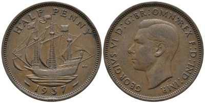 Великобритания 1/2 пенни 1937 Георг VI (1936-1952) KM 844, Spink 4115 бронза 34-1023