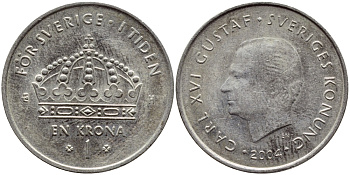 Швеция 1 крона 2004 Карл XVI Густав (1973- ) KM 894 медно-никель 177-251