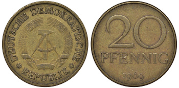 ГДР 20 пфеннигов 1969 А, первый год KM 11 латунь 62-1015