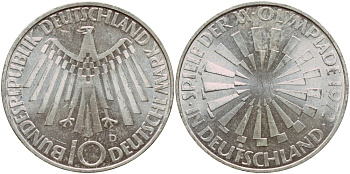 ФРГ 10 МАРОК 1972 D, ОЛИМПИАДА, СПИРАЛЬ J 401b, KM 134.1 серебро aUNC 1522-325
