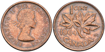 Канада 1 цент 1964 Елизавета II (1952-2022), кленовый лист KM 49 бронза    4147-244