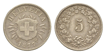 Швейцария 5 раппенов 1877 B, редкий год KM 5 серебро 1518-823