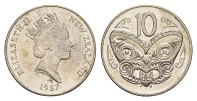 Новая Зеландия 10 центов 1987 Елизавета II (1952-2022), маска маори KM 61 медно-никель 4652-651