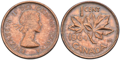 Канада 1 цент 1964 Елизавета II (1952-2022), кленовый лист KM 49 бронза    4147-244