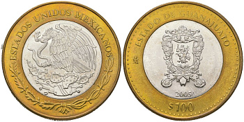 Мексика 100 песо 2005 180 лет Федерации - Гуанахуато KM 715 биметалл, серебро BU 00-1067-8-53