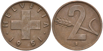 Швейцария 2 раппена 1951 В KM 47 бронза 4114-857