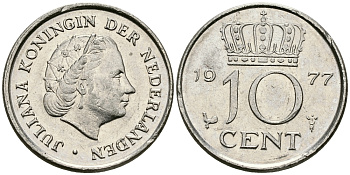 НИДЕРЛАНДЫ 10 ЦЕНТОВ 1977 ЮЛИАНА KM 182 никель 96-351