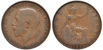 Великобритания 1 пенни 1921 Георг V (1910-1936) KM 810, Spink 4051 бронза 4123-1011