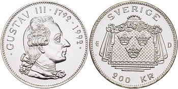 ШВЕЦИЯ 200 КРОН 1992 200 ЛЕТ СО ДНЯ СМЕРТИ ГУСТАВА III, КАРЛ XVI ГУСТАВ, ПРОБА 925, ВЕС 27 ГР., ТИРАЖ 50000 ЭКЗ., В ОРИГИНАЛЬНОЙ ПЛАСТИКОВОЙ УПАКОВКЕ KM 879 серебро BUNC 1082-7-11