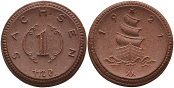 Саксония 1 марка 1921 парусник J. N 55 фарфор 1094-3-14