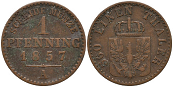 Пруссия 1 пфенниг 1857 A, Фридрих Вильгельм IV (1840-1861) KM 451 медь 4532-321