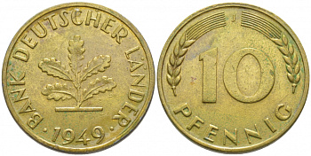ФРГ 10 ПФЕННИГОВ 1949 J KM 103, J.378 сталь плакированная латунью 3856-223