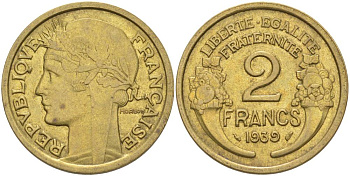 ФРАНЦИЯ 2 ФРАНКА 1939 ТИП MORLON KM 886, LE FRANC 268.12 алюминиевая бронза 3855-141
