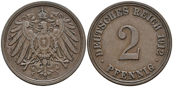 Германия 2 пфеннига 1912 A KM 16, J. 11, Weege 4 медь    4596-252