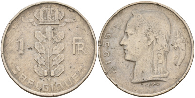 Бельгия 1 франк 1955 Belgique KM 142.1 медно-никель    4161-1227
