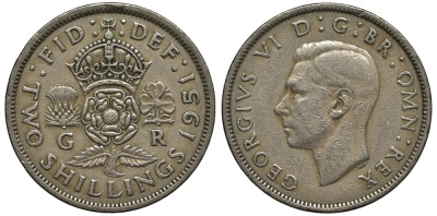 Великобритания 2 шиллинга (флорин) 1951 Георг VI (1936-1952) KM 878, Spink 4107 медно-никель 3855-936