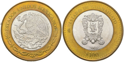 Мексика 100 песо 2005 180 лет Федерации - Гуанахуато KM 715 биметалл, серебро BU 00-1067-8-53