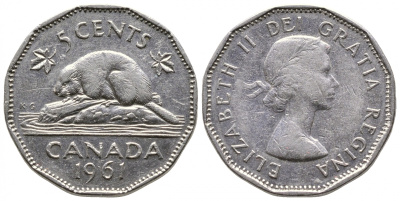 Канада 5 центов 1961 Елизавета II (1952-), бобр KM 50а никель 4364-2315