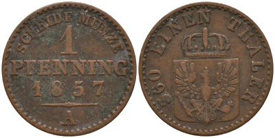 Пруссия 1 пфенниг 1857 A, Фридрих Вильгельм IV (1840-1861) KM 451 медь 4532-321