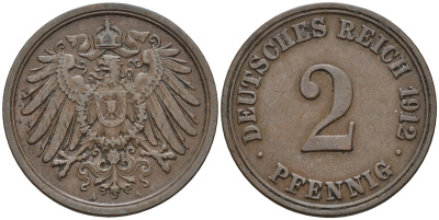 Германия 2 пфеннига 1912 A KM 16, J. 11, Weege 4 медь    4596-252